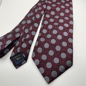 JOS A BANK Mens Silk Tie Burgundy Gray Circle Pattern Made in Italy